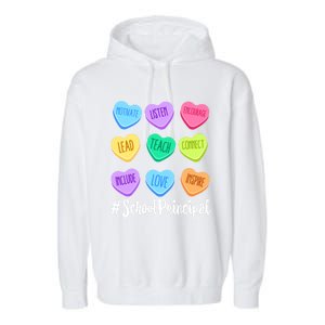 School Principal Teacher Valentine's Day Pastel Candy Heart Gift Garment-Dyed Fleece Hoodie