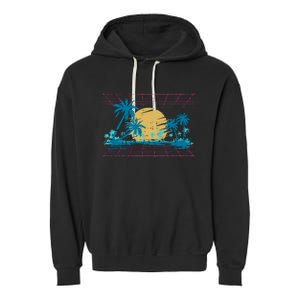 Sunset Palm Trees Beach 80s Art Vaporwave Tropical Summer Garment-Dyed Fleece Hoodie