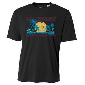 Sunset Palm Trees Beach 80s Art Vaporwave Tropical Summer Cooling Performance Crew T-Shirt