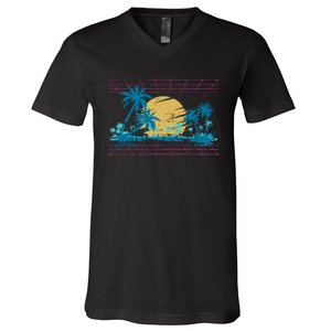 Sunset Palm Trees Beach 80s Art Vaporwave Tropical Summer V-Neck T-Shirt