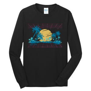 Sunset Palm Trees Beach 80s Art Vaporwave Tropical Summer Tall Long Sleeve T-Shirt