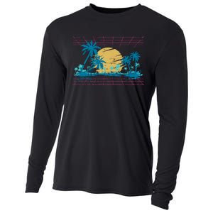 Sunset Palm Trees Beach 80s Art Vaporwave Tropical Summer Cooling Performance Long Sleeve Crew