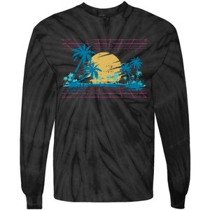 Sunset Palm Trees Beach 80s Art Vaporwave Tropical Summer Tie-Dye Long Sleeve Shirt