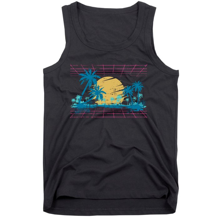 Sunset Palm Trees Beach 80s Art Vaporwave Tropical Summer Tank Top