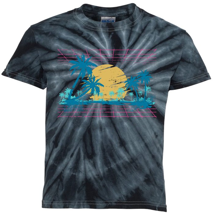 Sunset Palm Trees Beach 80s Art Vaporwave Tropical Summer Kids Tie-Dye T-Shirt