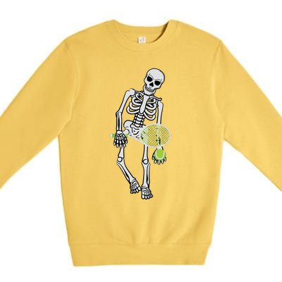 Skeleton Playing Tennis Lazy Halloween Costume Funny Sport Premium Crewneck Sweatshirt