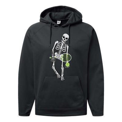 Skeleton Playing Tennis Lazy Halloween Costume Funny Sport Performance Fleece Hoodie