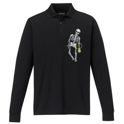 Skeleton Playing Tennis Lazy Halloween Costume Funny Sport Performance Long Sleeve Polo