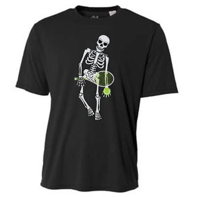 Skeleton Playing Tennis Lazy Halloween Costume Funny Sport Cooling Performance Crew T-Shirt