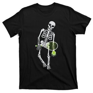 Skeleton Playing Tennis Lazy Halloween Costume Funny Sport T-Shirt