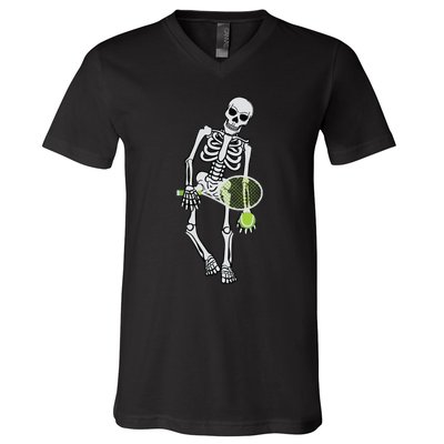 Skeleton Playing Tennis Lazy Halloween Costume Funny Sport V-Neck T-Shirt