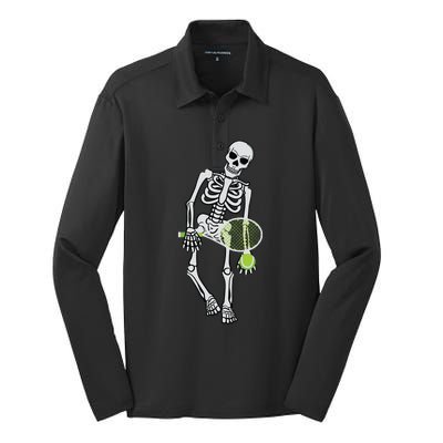 Skeleton Playing Tennis Lazy Halloween Costume Funny Sport Silk Touch Performance Long Sleeve Polo