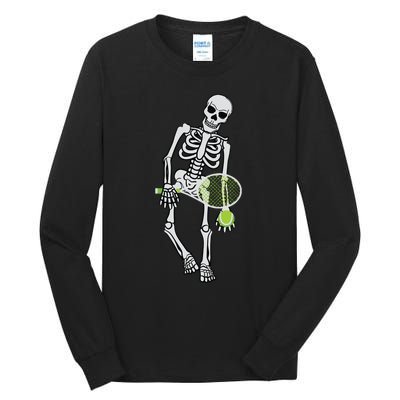 Skeleton Playing Tennis Lazy Halloween Costume Funny Sport Tall Long Sleeve T-Shirt