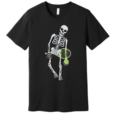 Skeleton Playing Tennis Lazy Halloween Costume Funny Sport Premium T-Shirt