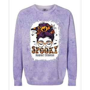 Spooky Pharmacy Tech Bleached Halloween Messy Bun Pharmacist Colorblast Crewneck Sweatshirt