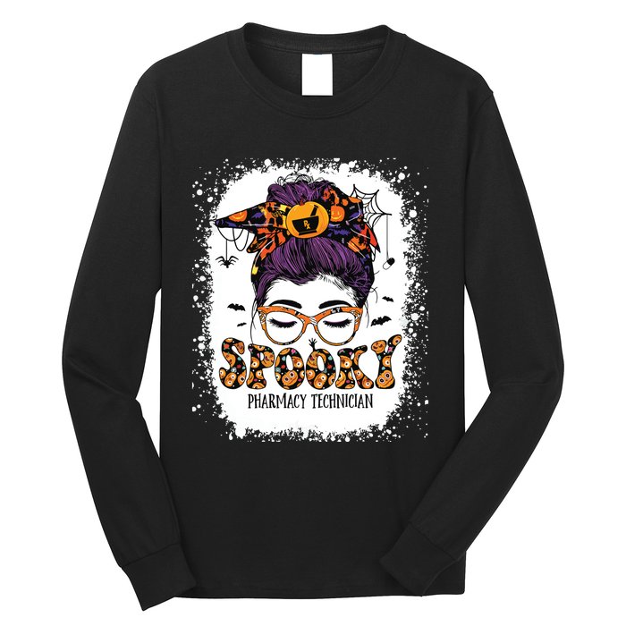 Spooky Pharmacy Tech Bleached Halloween Messy Bun Pharmacist Long Sleeve Shirt