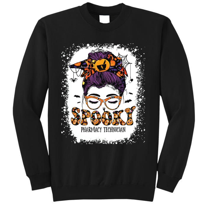 Spooky Pharmacy Tech Bleached Halloween Messy Bun Pharmacist Sweatshirt