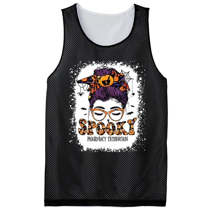 Spooky Pharmacy Tech Bleached Halloween Messy Bun Pharmacist Mesh Reversible Basketball Jersey Tank