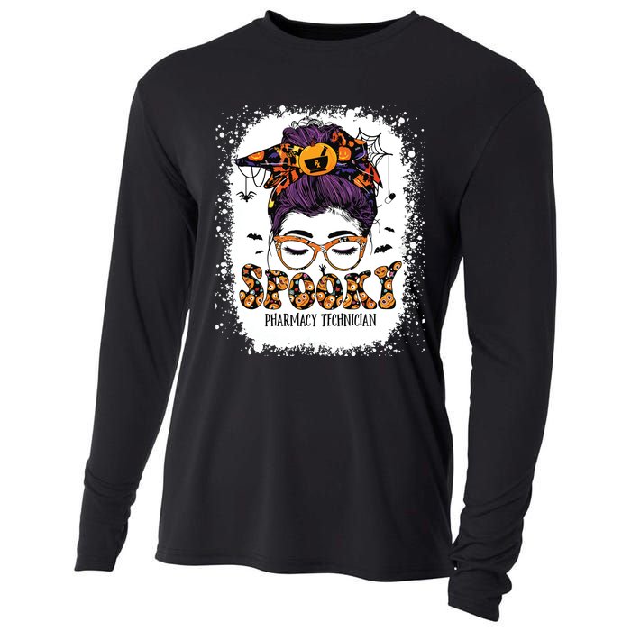 Spooky Pharmacy Tech Bleached Halloween Messy Bun Pharmacist Cooling Performance Long Sleeve Crew