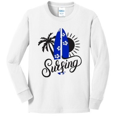 Surfing Palm Tree Sun Surfboard Kids Long Sleeve Shirt