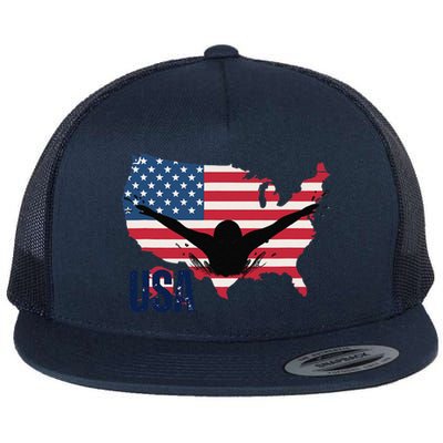 Swimming Patriotic Usa Flag Swimmers Flat Bill Trucker Hat