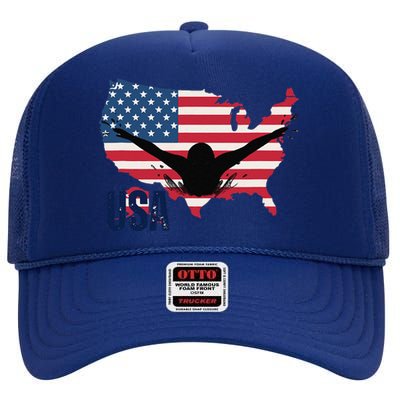 Swimming Patriotic Usa Flag Swimmers High Crown Mesh Back Trucker Hat