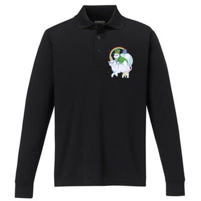 St Patricks Unicorn Cat Wearing Leprechaun Cat Cute Funny Gift Performance Long Sleeve Polo