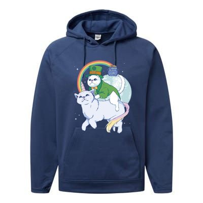 St Patricks Unicorn Cat Wearing Leprechaun Cat Cute Funny Gift Performance Fleece Hoodie