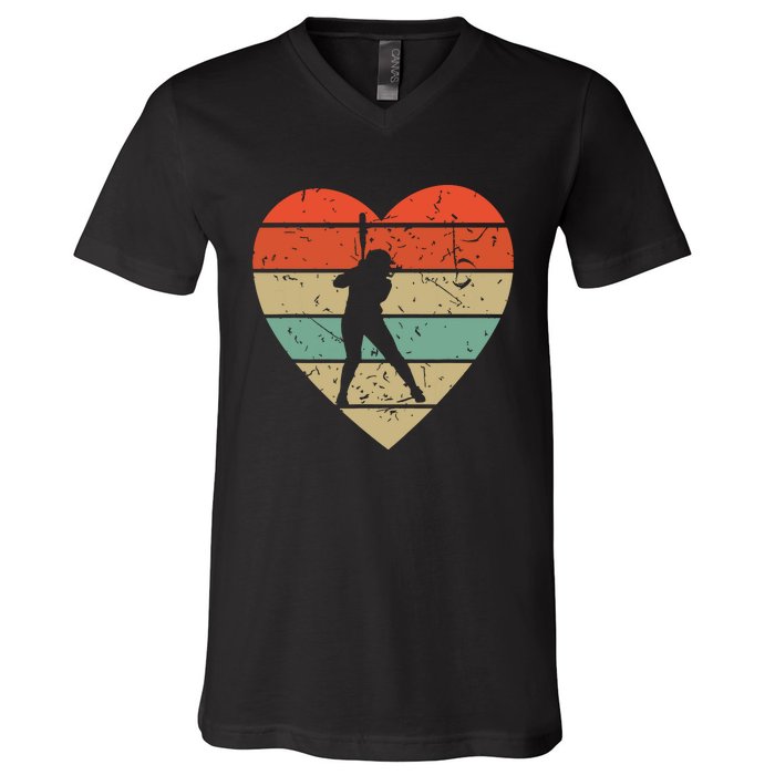 Softball Player Vintage Design Retro Baseball Heart Sport V-Neck T-Shirt