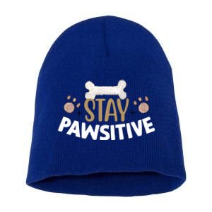 Stay Pawsitive With Bone And Paw Print Gift Short Acrylic Beanie