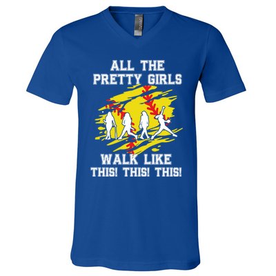 Softball Pretty Walk Like This Funny Softball Player Gift V-Neck T-Shirt