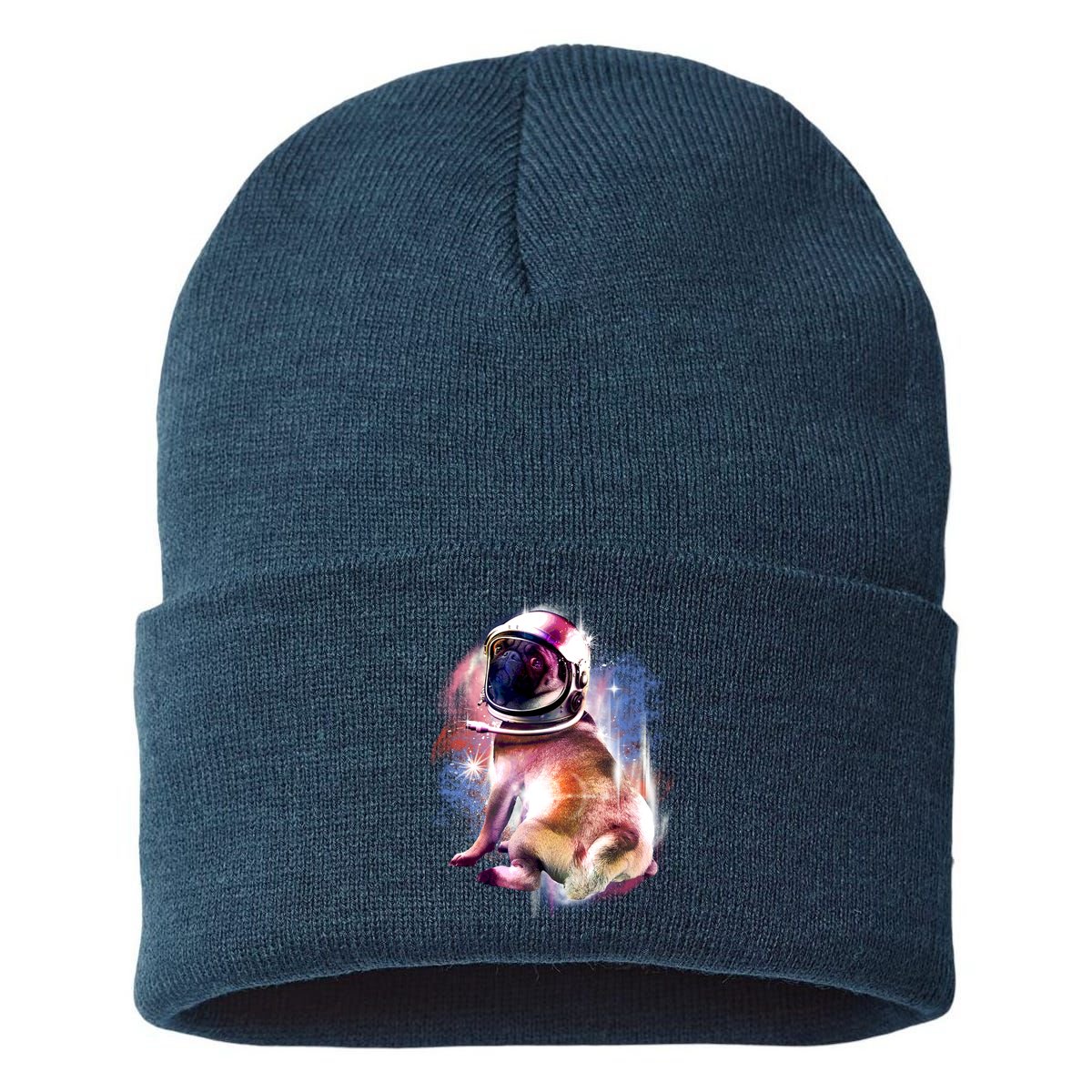 Space Pug Wearing Helmet Sustainable Knit Beanie