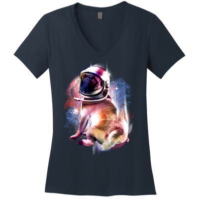 Space Pug Wearing Helmet Women's V-Neck T-Shirt