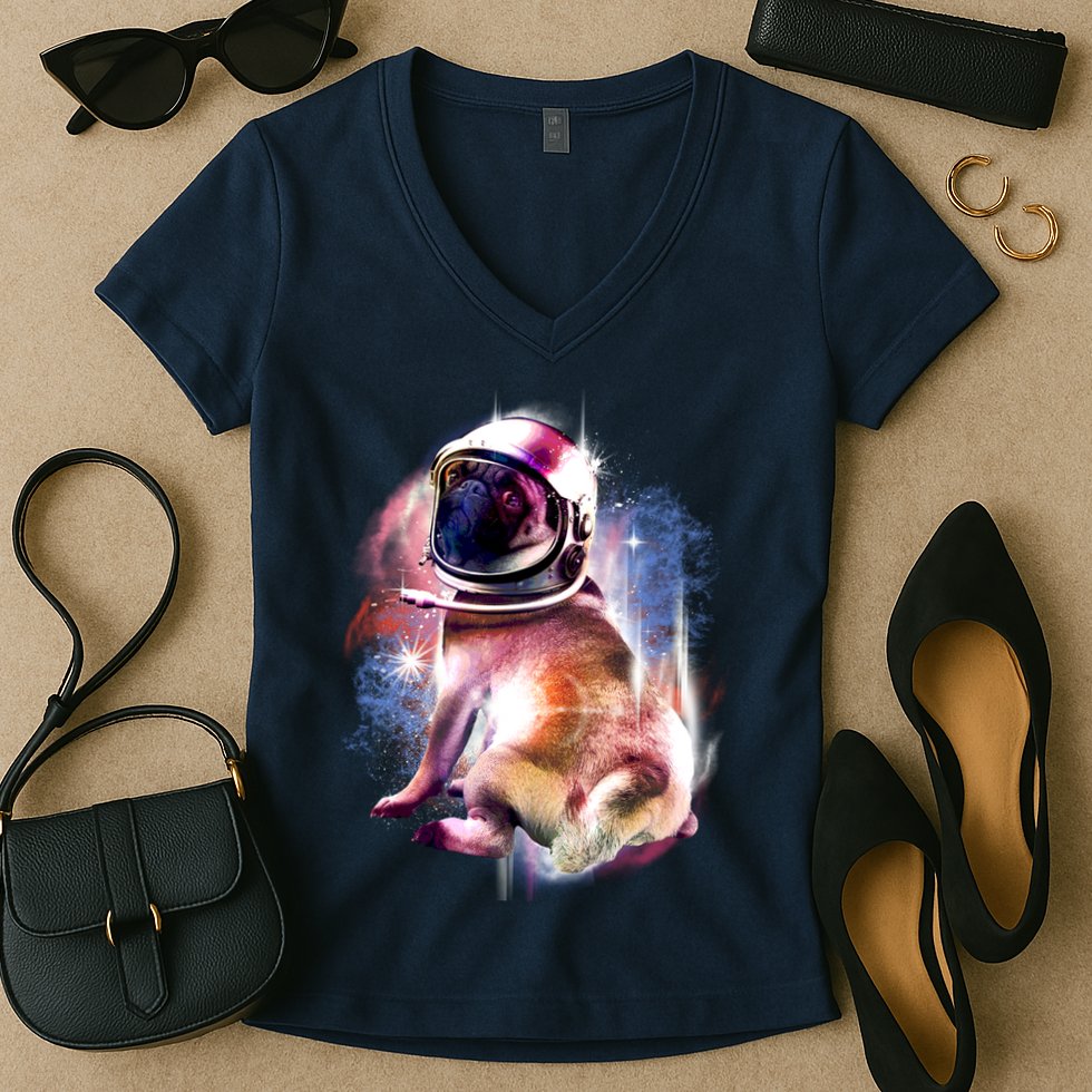 Space Pug Wearing Helmet Women's V-Neck T-Shirt