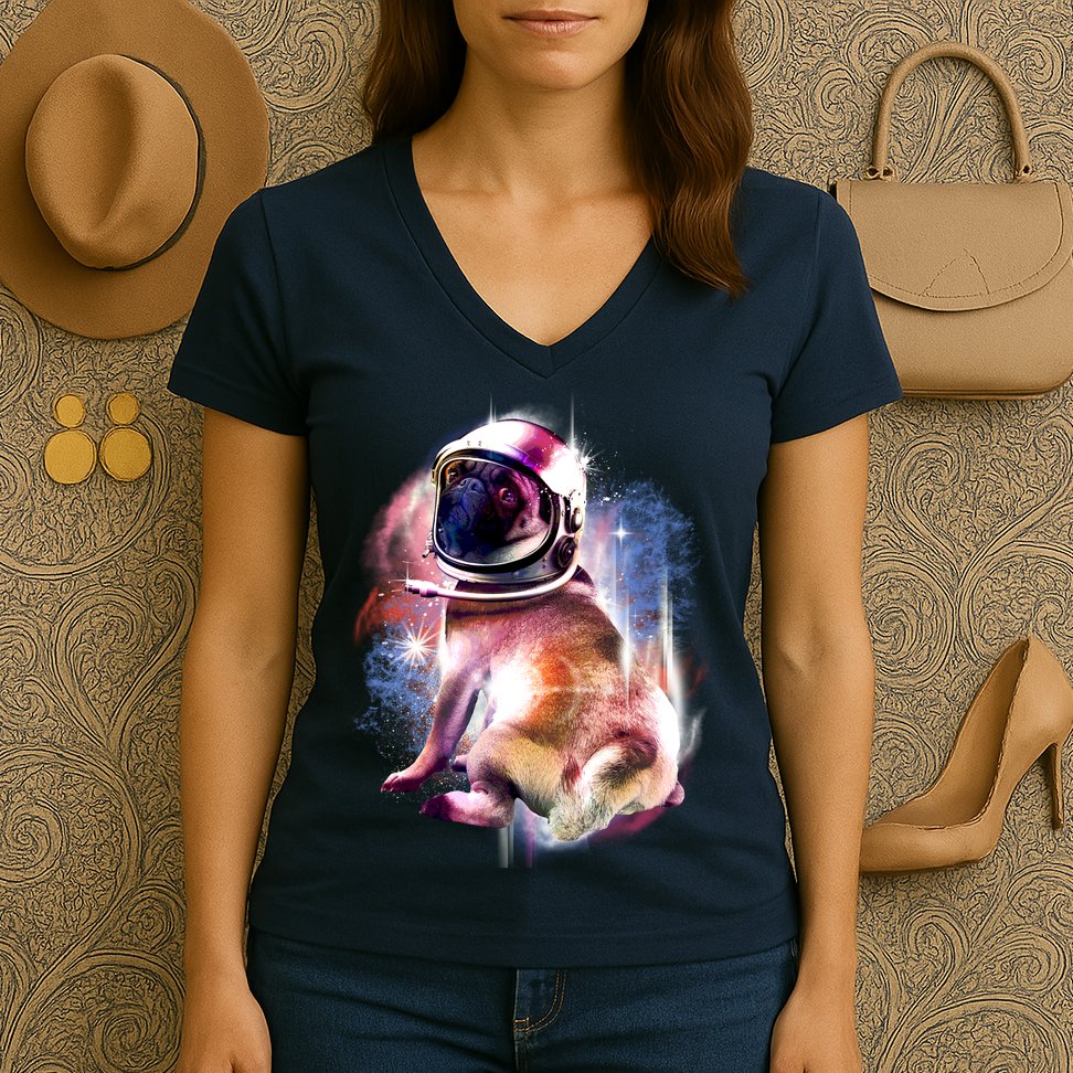 Space Pug Wearing Helmet Women's V-Neck T-Shirt