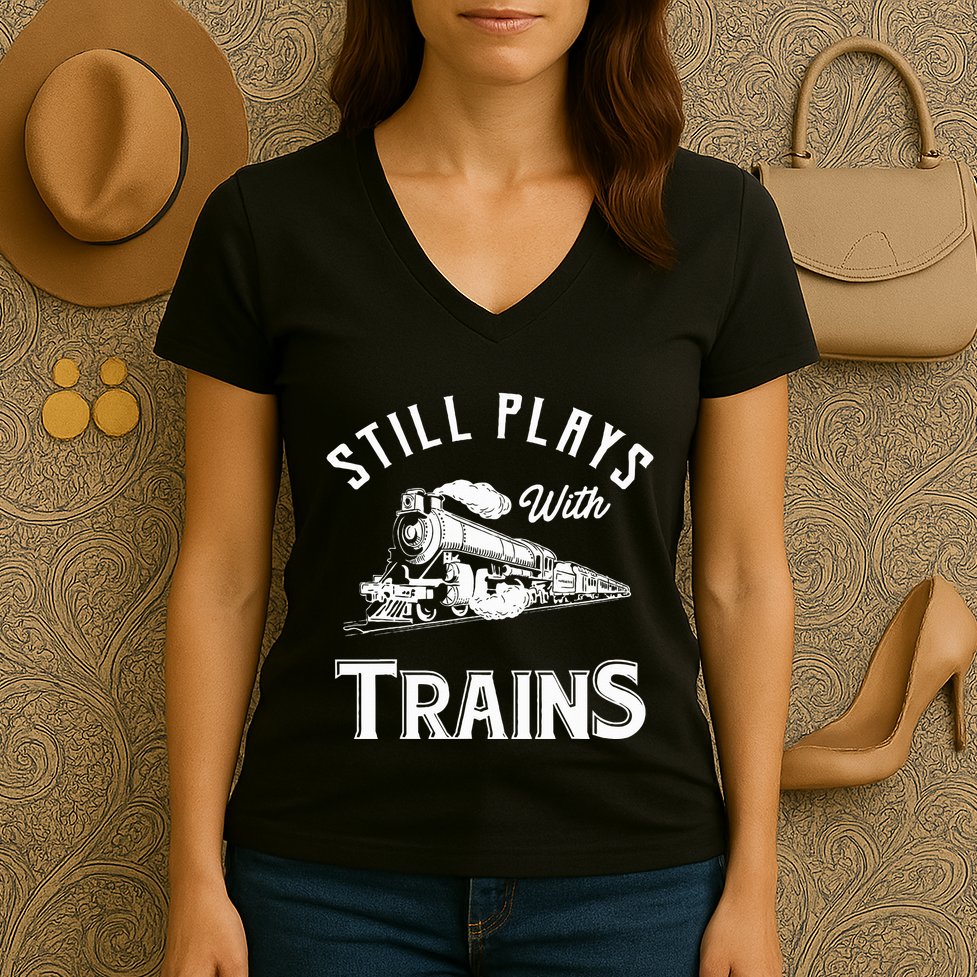 Still Plays With Trains Locomotive & Model Railroad Women's V-Neck T-Shirt