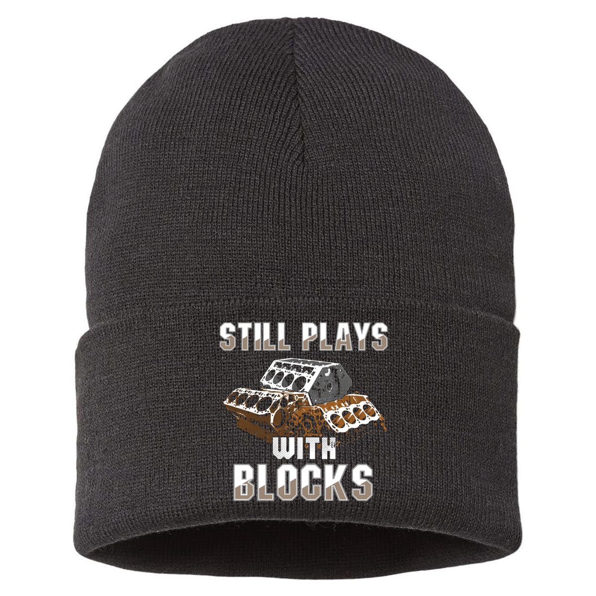 Still Plays With Blocks Gift Auto Drag Racing Car Gift Sustainable Knit Beanie