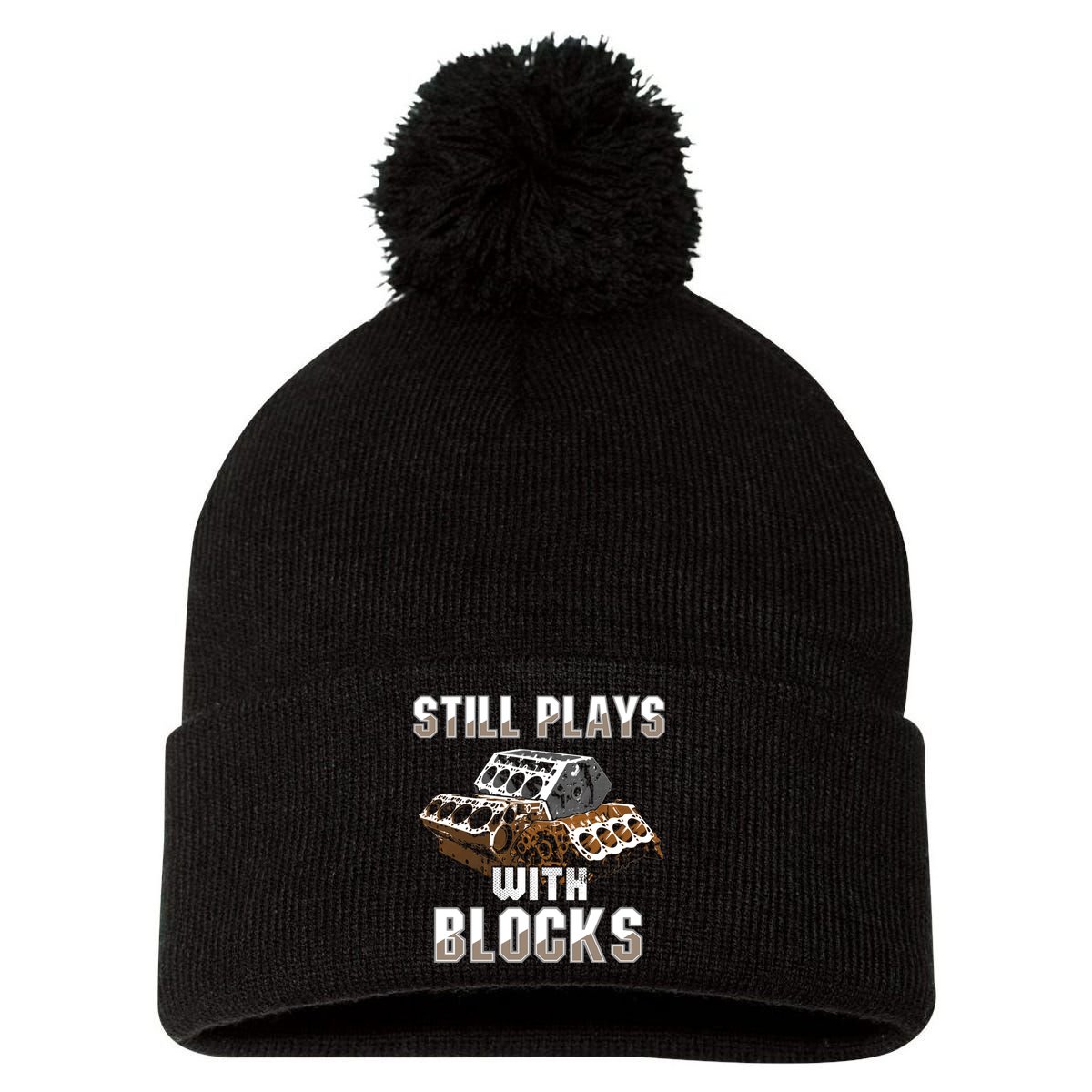Still Plays With Blocks Gift Auto Drag Racing Car Gift Pom Pom 12in Knit Beanie