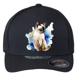 Siamese Painting Watercolor Kitten Cat Lover Siamois Kitty Flexfit Unipanel Trucker Cap