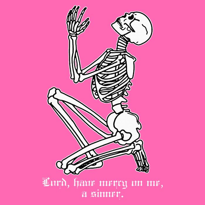 Skeleton Praying X Lord Have Mercy Sinner Gothic Blackwork Stripe Pom Pom Beanie