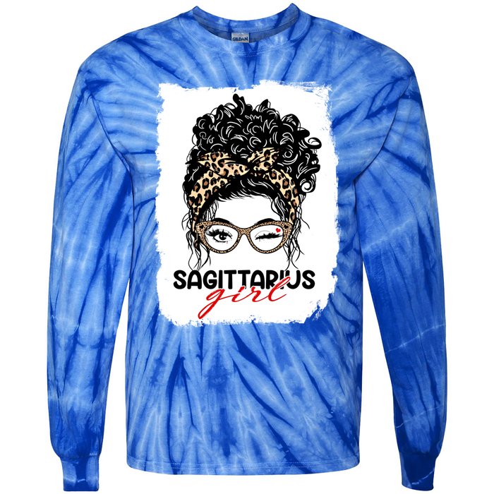 Sagittarius Queen Face Wink Eyes Messy Bun Birthday Gift Tie-Dye Long Sleeve Shirt