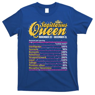 Sagittarius Queen Nutrition Facts Label Zodiac Sign Birthday Cool Gift T-Shirt