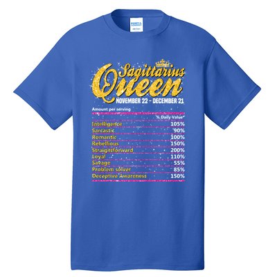 Sagittarius Queen Nutrition Facts Label Zodiac Sign Birthday Cool Gift Tall T-Shirt