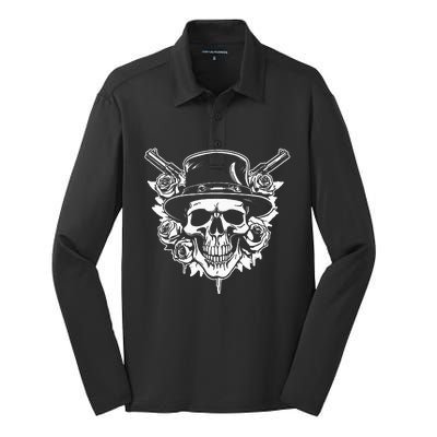 Skeleton Roses 1980s Glam Rock 80s Guitar Guns Skull Roses Silk Touch Performance Long Sleeve Polo