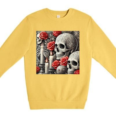 Skulls Roses And Candles Halloween Thrills Spooky Scary Premium Crewneck Sweatshirt