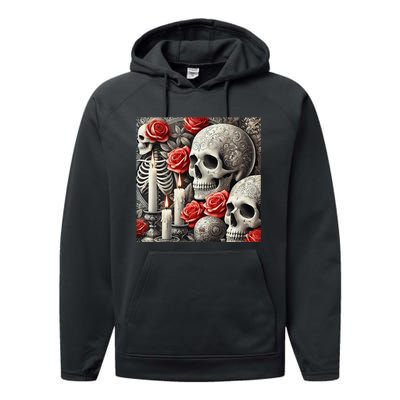 Skulls Roses And Candles Halloween Thrills Spooky Scary Performance Fleece Hoodie