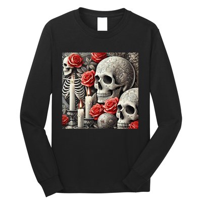 Skulls Roses And Candles Halloween Thrills Spooky Scary Long Sleeve Shirt