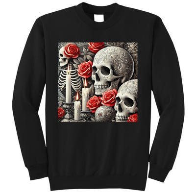 Skulls Roses And Candles Halloween Thrills Spooky Scary Sweatshirt