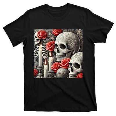 Skulls Roses And Candles Halloween Thrills Spooky Scary T-Shirt