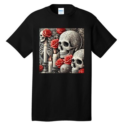 Skulls Roses And Candles Halloween Thrills Spooky Scary Tall T-Shirt